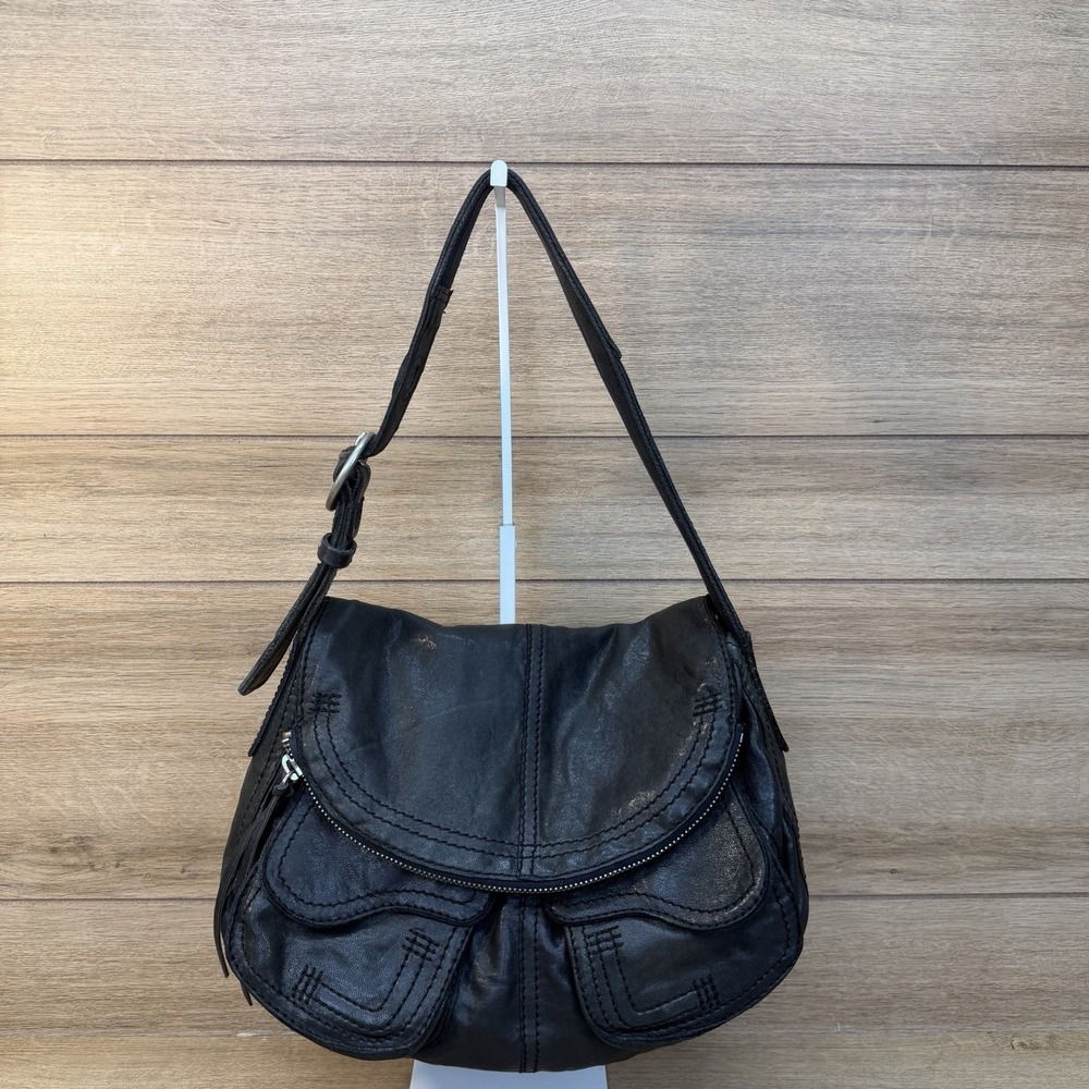 Lucky Brand Vintage Black Stash Fold Over Lamb Leather Purse Bag Lamb Leather